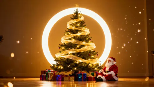 A festive indoor scene featuring a richly decorated Christmas tree wrapped in a luminous ribbon and bright halo, colorful gift boxes at its base, Santa beside them, and drifting sparkles under warm golden light.