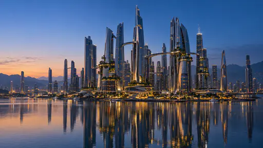 A futuristic skyline of tall tapered chrome and glass towers joined by curved skybridges, hanging gardens on the terraces and warm amber windows, reflected in a still harbour with low mountains behind and a cobalt twilight sky fading to peach.