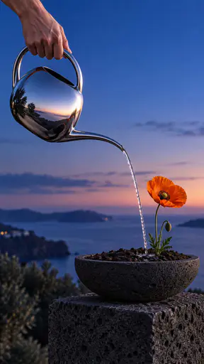 A chrome watering can held from above pours a narrow stream into soil beside an orange flower on a dark stone pedestal against blue twilight.