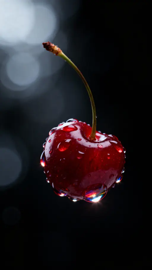 Hyperrealistic cinematic macro shot of a single ripe cherry suspended in a dark, mysterious void. Several perfectly spherical dewdrops glisten on its skin, reflecting tiny, distorted highlights. The cherry's surface shows intricate texture,