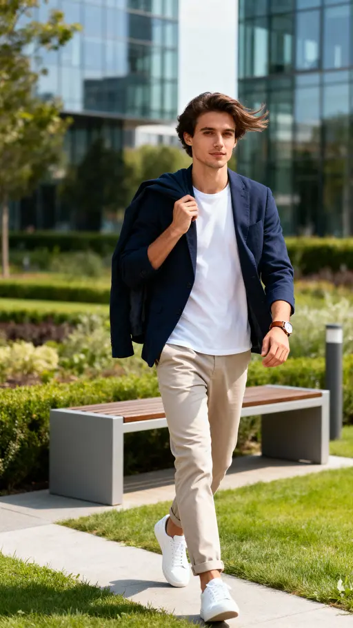 Ultra-realistic cinematic portrait of a stylish young man walking through a modern urban park. Same reference face and hairstyle. Mid-stride, jacket draped over one shoulder. Outfit: navy casual blazer, white t-shirt, light khaki trousers,白