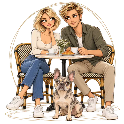 Line-sketch illustration of a blonde woman and a man at a café table with their French bulldog, framed by a hand-drawn circle