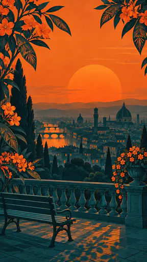 A city skyline of towers and domes is seen from a hilltop terrace with a stone railing and a bench framed by oversized teal leaves and orange flowers under a large orange sun.
