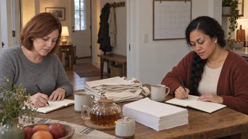 A woman with a chin-length auburn bob in a grey sweater and a woman with a long black braid in a rust cardigan write in blank notebooks across a long kitchen table beside a pot of tea and a tidy pile of packed bags in soft evening lamplight.