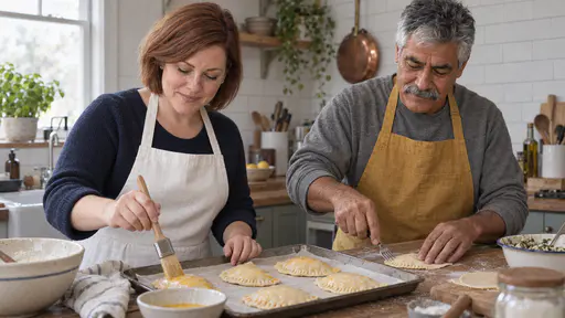 A woman with an auburn bob in a white apron brushes beaten egg over a folded pastry while a man with a grey moustache in a mustard apron presses the edge of the next pastry with a fork leaving a fine row of marks along a tray of shaped pastries.