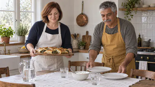 A woman with an auburn bob in a white apron carries a wooden board stacked with golden spinach pastries to a table while a man with a grey moustache in a mustard apron sets out two plain plates and a bowl of yoghurt beside a jug of water on a white cloth.