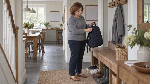 A woman with a chin-length auburn bob in a grey sweater lifts a small plain navy school backpack from a wooden coat bench in a hallway to check its zip beside a line of freshly washed shoes and a hook rail with a grey jacket in bright light.