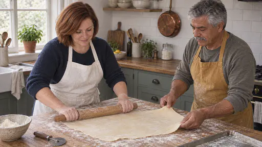 A woman with a chin-length auburn bob in a white apron rolls a large thin sheet of pastry with a long wooden rolling pin while a man with a grey moustache in a mustard apron gently pulls the edge straight on a floured wooden worktable.