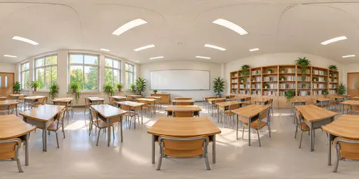A full 360 degree equirectangular panorama from the centre of a bright modern classroom with rows of wooden desks, a whiteboard wall, tall windows with daylight and shelves of books.