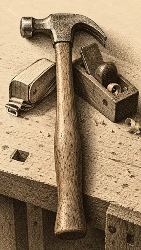 A claw hammer with a turned wooden handle rests over a folded tape measure and a small block plane on a plain workbench in sepia dot and flick engraving.