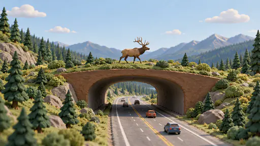 A single clay elk with clear antlers crosses a broad planted wildlife overpass above a grey foothill highway with small clay cars between pine green slopes.