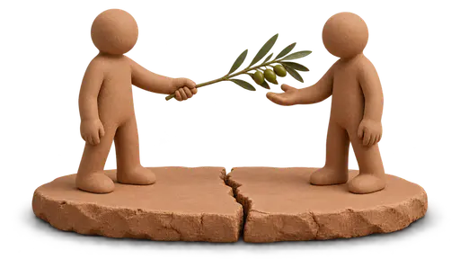 Offering an olive branch: two small clay figures stand on a cracked tabletop fragment, one extending a single olive branch across the crack while the other reaches to accept its leafy end, isolated on transparency.
