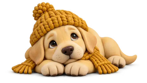 A young yellow labrador puppy lies with its head on its paws in a chunky mustard knitted beanie and scarf modelled in plump pillowy clay, isolated on a transparent background.