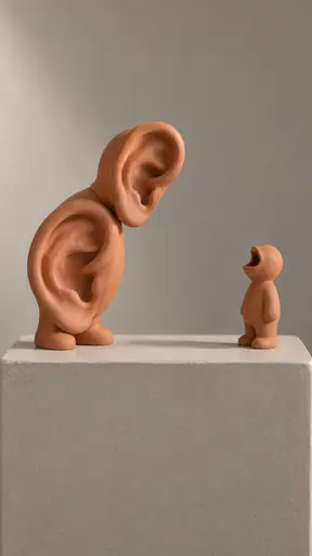 All ears: a straight-on sculptural still-life photograph on a bare studio plinth, where a small matte terracotta clay figure built from two oversized ears leans forward toward a much smaller clay speaker with an open mouth, soft light raking from the left across rounded clay rims against an even…