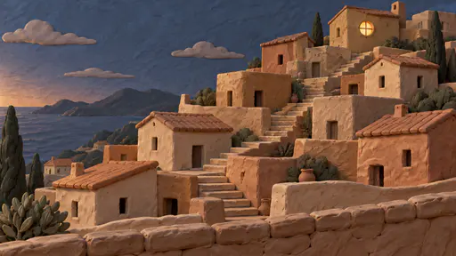 A hillside village of boxy clay slab houses with terracotta roofs on terraces, a zigzag stair street, one round window glowing yellow near the top, sea and mountains at dusk.