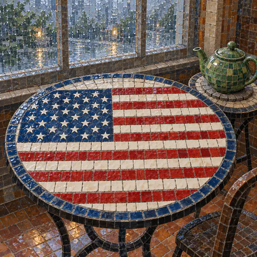 Mosaic tabletop forming a flag with glazed red stripes and a blue star tile canton. Thirteen stripes and a neat canton come handmade.