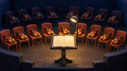 Two curved rows of small clay chairs each with a violin on the seat, a conductor's stand with a plain open score and one clay lamp, deep blue shadow behind.