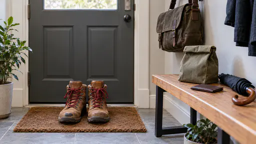 A pair of clean scuffed tan leather boots with dark red laces stand on a doormat beside a lunch bag, a card wallet and a folded umbrella on a hall bench with a commuter bag on a hook above in cool morning light.