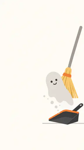 Flat vector editorial illustration for a Halloween cleaning-service graphic: a smiling ghost-shaped dust plume floats toward an open dustpan on the right while a corn broom sweeps behind it, and the left half of the frame stays a plain empty field ready for typeset copy. Reassuring, big flat shapes, neutral palette with one orange accent.