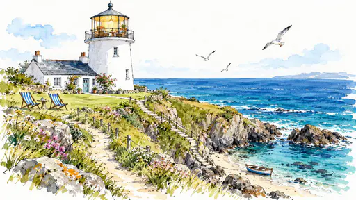 A white cliff top lighthouse converted into a guesthouse with a glass lantern room, a slate roofed keeper cottage wing, striped deckchairs and a path down to a cove.