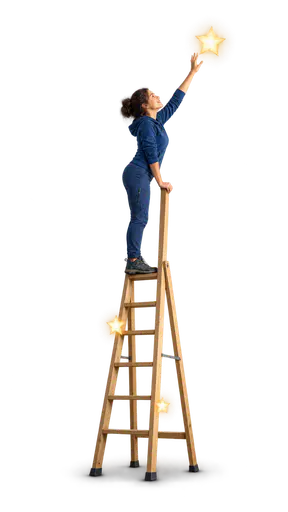 Reaching for the stars: a young adult stands on the highest rung of a tall freestanding ladder, one hand gripping the rail and the other stretched high toward a glowing star-shaped light just beyond the fingertips, with two smaller star lights resting lower beside the ladder on a transparent…