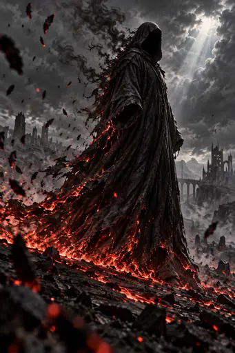 A hollow black cloak keeps a person's shape aloft on its own embers, dissolving into smoke tendrils over a gray storm.