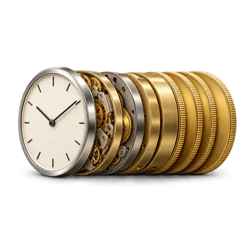 Time is money: a round analog clock sliced like a coin roll, its plain unmarked face with stick hands foremost, successive slices turning to solid gold coins, isolated on transparency with a soft contact shadow.