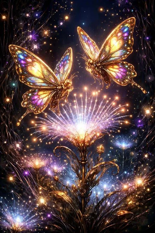 Two ornate brass clockwork butterflies with stained-glass wings perch on a glowing fiber-optic flower amid a vertical dreamlike garden of light-emitting plants.