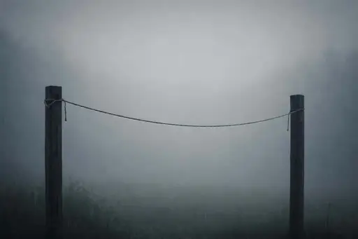 Minimal 3:2 widescreen of an empty clothesline between two posts in steady rain with beads on the rope, soft grey mist background, flat overcast light, and quiet absence.