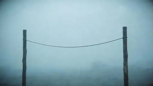 Minimal cinematic 16:9 wallpaper of an empty clothesline between two posts in steady rain, muted greys and cool blues with soft mist, quiet and unoccupied mood.