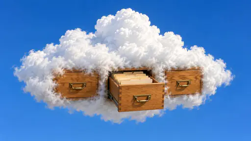 Cloud storage: a fluffy white cloud at eye level against a blue sky, with three real wooden filing drawers built into its lower half and one drawer open on blank folders.