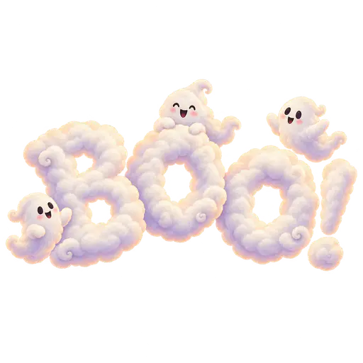 Ivory cloud letters spell BOO! with three smiling fluffy ghosts, lavender shadows and peach highlights on a transparent background.
