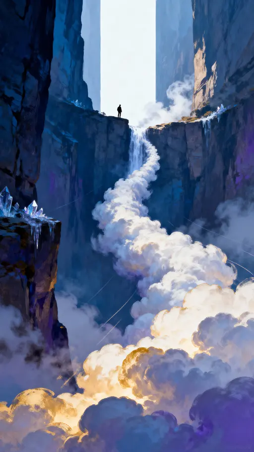 A towering, surreal cloud river appears to climb a vertical landscape within a 9:16 portrait frame, with luminous mist, layered cloudbanks, and a gentle, upward dreamlike momentum.