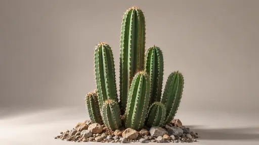 Several green cactus stems of different heights cluster up together from one low root mound in stony ground in soft afternoon light.