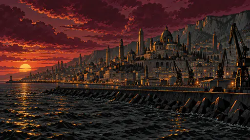 A dense coastal city of towers and domes rises along a curving seafront at dusk with cranes, a long breakwater and cliffs behind under heavy plum clouds in graphic novel ink.