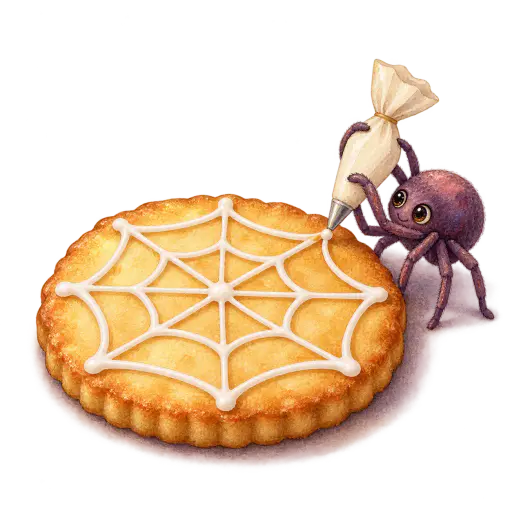 A small friendly spider holds a white piping bag and completes one geometric icing cobweb on a round cream biscuit, painted in transparent watercolor with plum, honey and pistachio tones on a transparent background, cute Halloween cookie baking clipart.