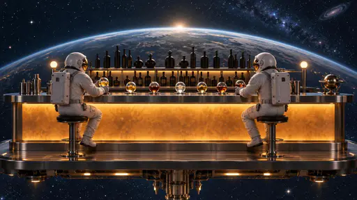 Space bar: a complete cocktail bar hanging in open space: a long polished counter, two astronauts in white suits seated on anchored stools, drinks in clear spherical glasses along the top, bottles on a back-bar rack, all against a quiet star field with a planet's soft edge glowing low in a wide…
