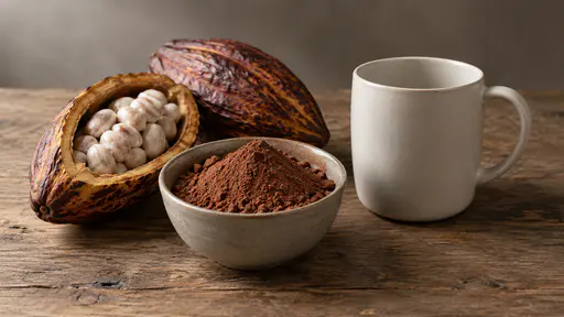 A bowl of cocoa powder rests on a worn wooden table beside two cocoa pods, one split open showing pale beans, and an empty plain mug.