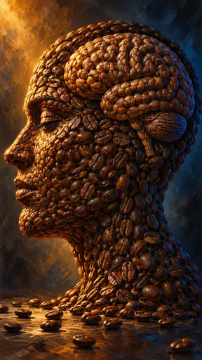 A human face in profile and a brain, both sculpted from roasted coffee beans, with a few loose beans scattered on a dark surface.