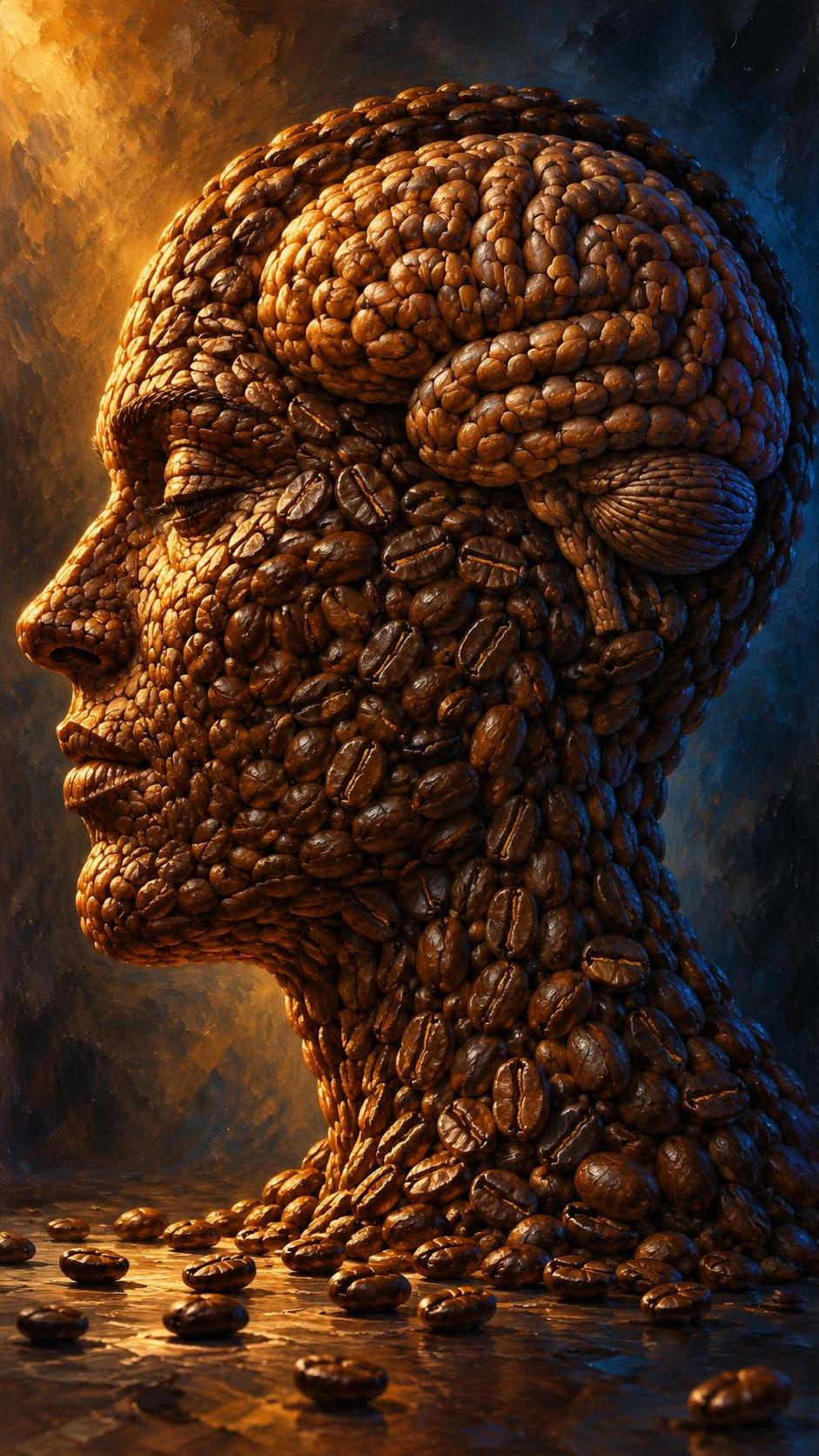 A human face in profile and a brain, both sculpted from roasted coffee beans, with a few loose beans scattered on a dark surface.