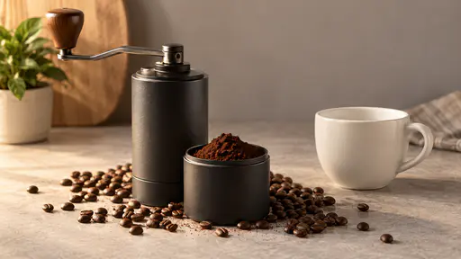 Roasted coffee beans scatter on a kitchen counter around a small hand grinder with fresh dark grounds in its open cup, an empty cup beside it.