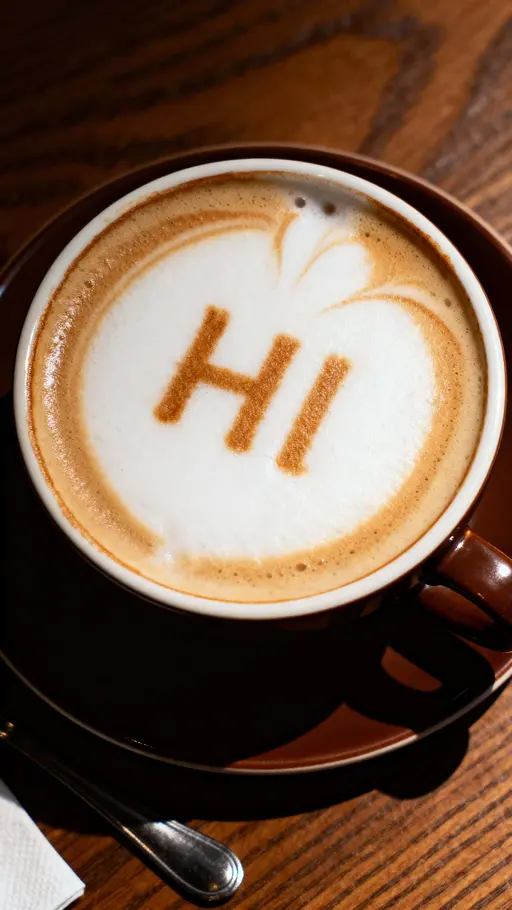 A vertical 9:16 close portrait of a latte with the letters "HI" drawn in foam under warm café light, framed tightly for social stories and intimate viewing on mobile devices.