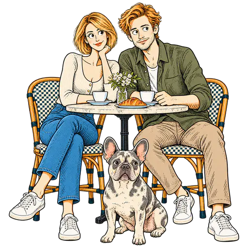 Cartoon of short-bobbed blonde Sema and swept-haired Allo seated at a round cafe table, with upright-eared mottled Mola in front, isolated on transparency.