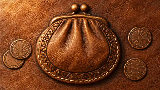 A small round clasp coin purse with a plain geometric tooled border rests on leather with a few round coins in burnished tan and brown relief.