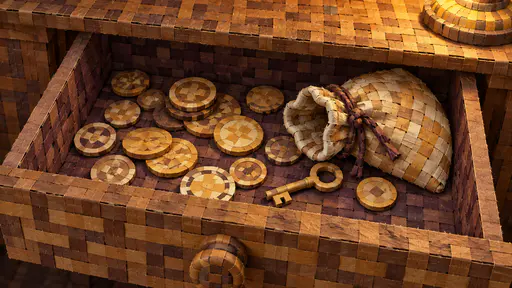 An open wooden desk drawer holds scattered round coins, a small key and a rolled cloth bag, woven from interlaced ochre, brown, cream and plum paper strips.