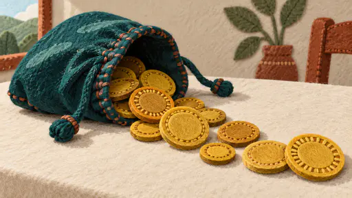 A teal felt drawstring pouch lies on its side on a cream felt table spilling an arc of round mustard and gold felt coins with visible edge stitches.