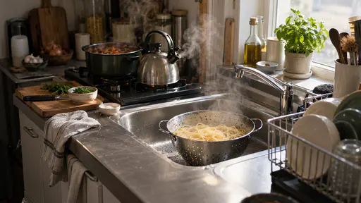 In soft overhead light a steel colander of pasta drains in the tiny sink of a small kitchen with steam rising while behind it both burners of the hob are occupied by a stew pot and a kettle and the dish drainer beside the sink is full.