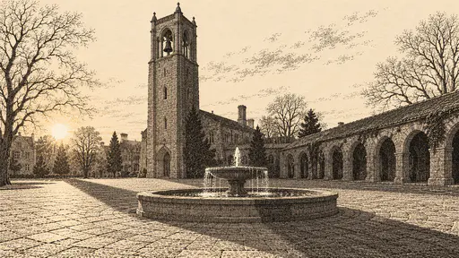 A college bell tower rises behind a round stone fountain in a paved square with an arcade and bare trees in sepia dot and flick engraving.