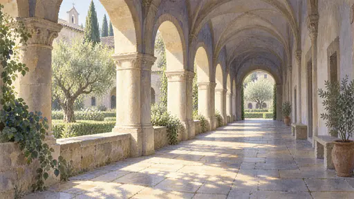 A college courtyard cloister with a row of receding round stone arches, dappled morning light on flagstones and a bright garden court beyond.