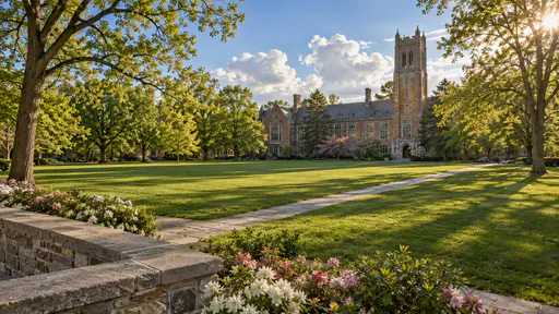 A wide spring college campus green with a diagonal stone path, mature leafy trees and a brick hall with a plain tower in warm afternoon sun.